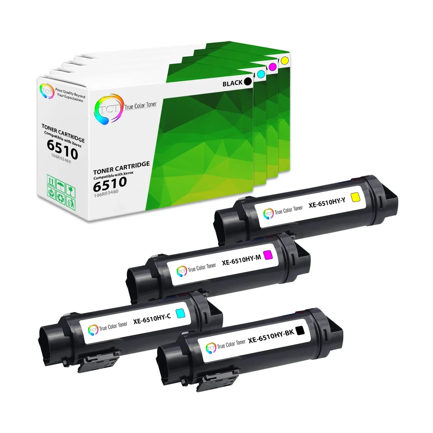TCT Compatible HY Toner Cartridge Replacement for the Xerox 6510HY Series - 4 Pack (BK, C, M, Y) - True Color Toner