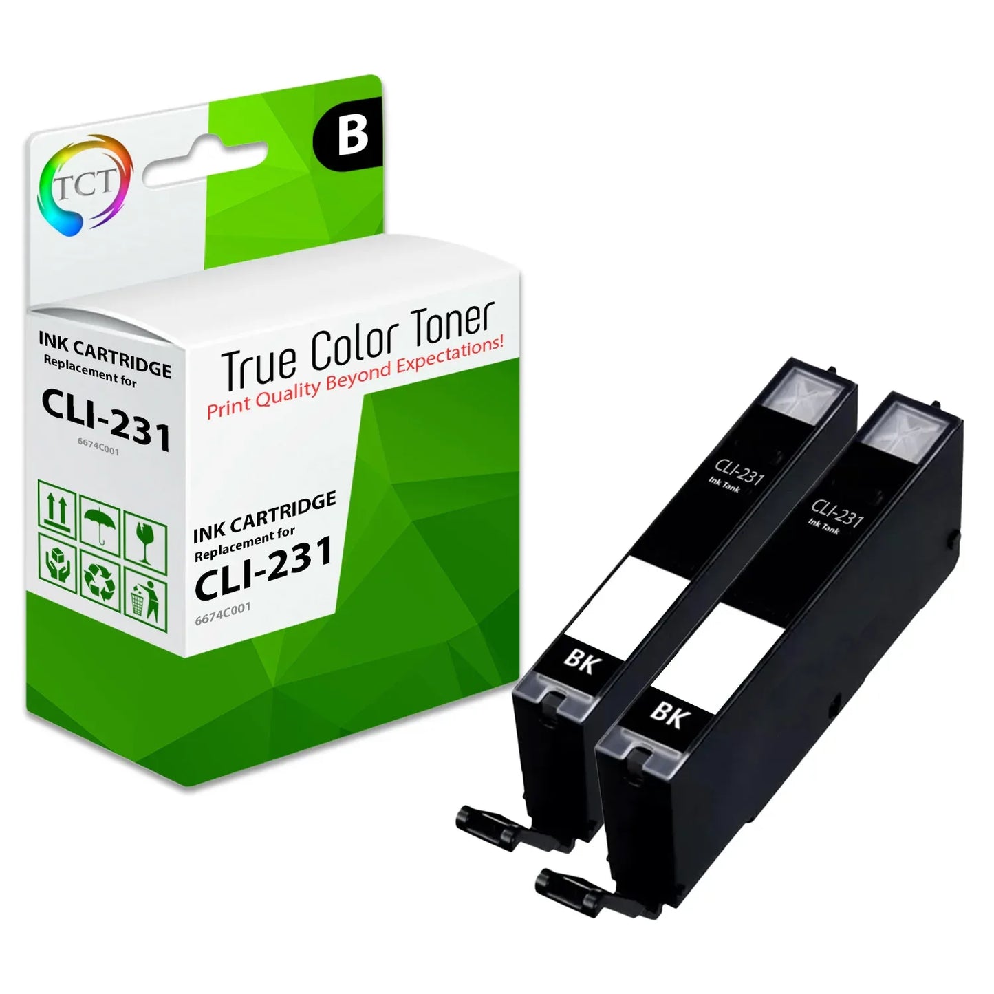 TCT CLI-231 Ink Cartridge 2 Pack - Premium Compatible Replacement for Canon CLI231 CLI-231BK - True Color Toner