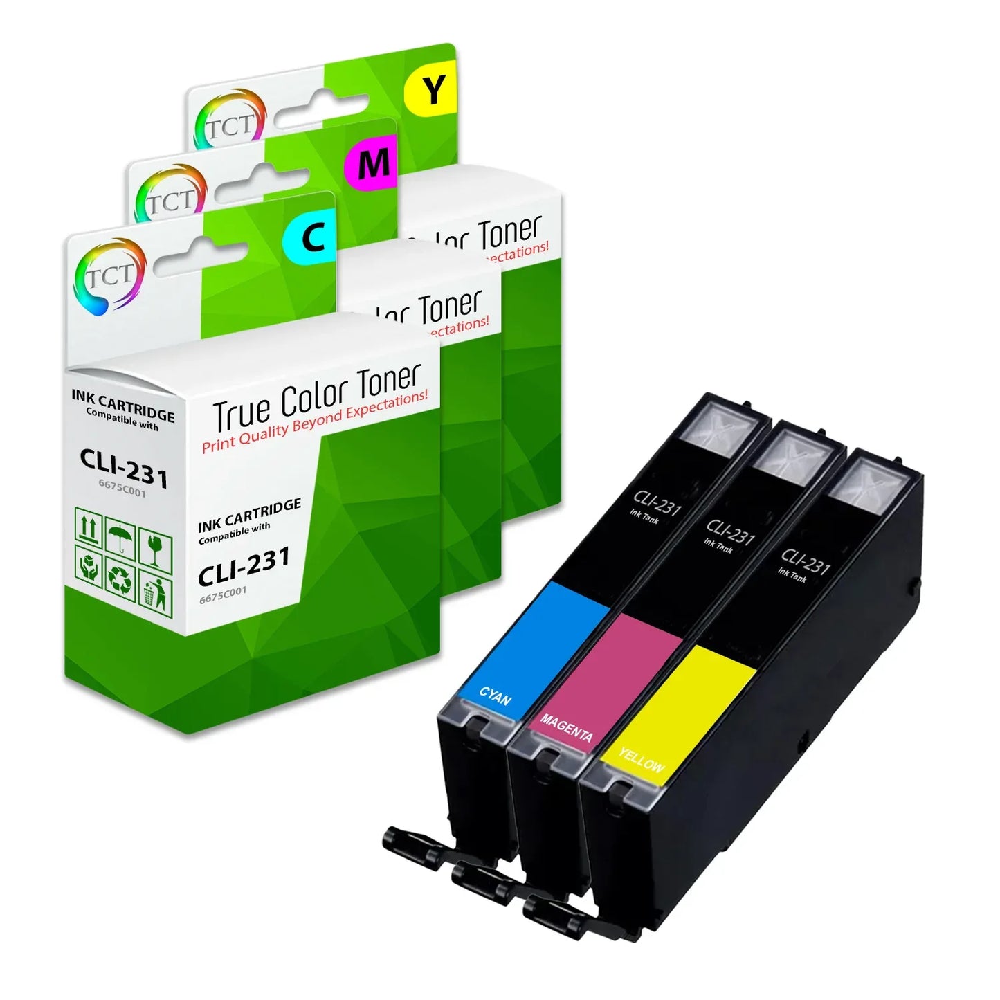 TCT CLI-231 Ink Cartridge 3 Pack - Premium Compatible Replacement for Canon CLI231 CLI-231C, CLI-231M, CLI-231Y - True Color Toner