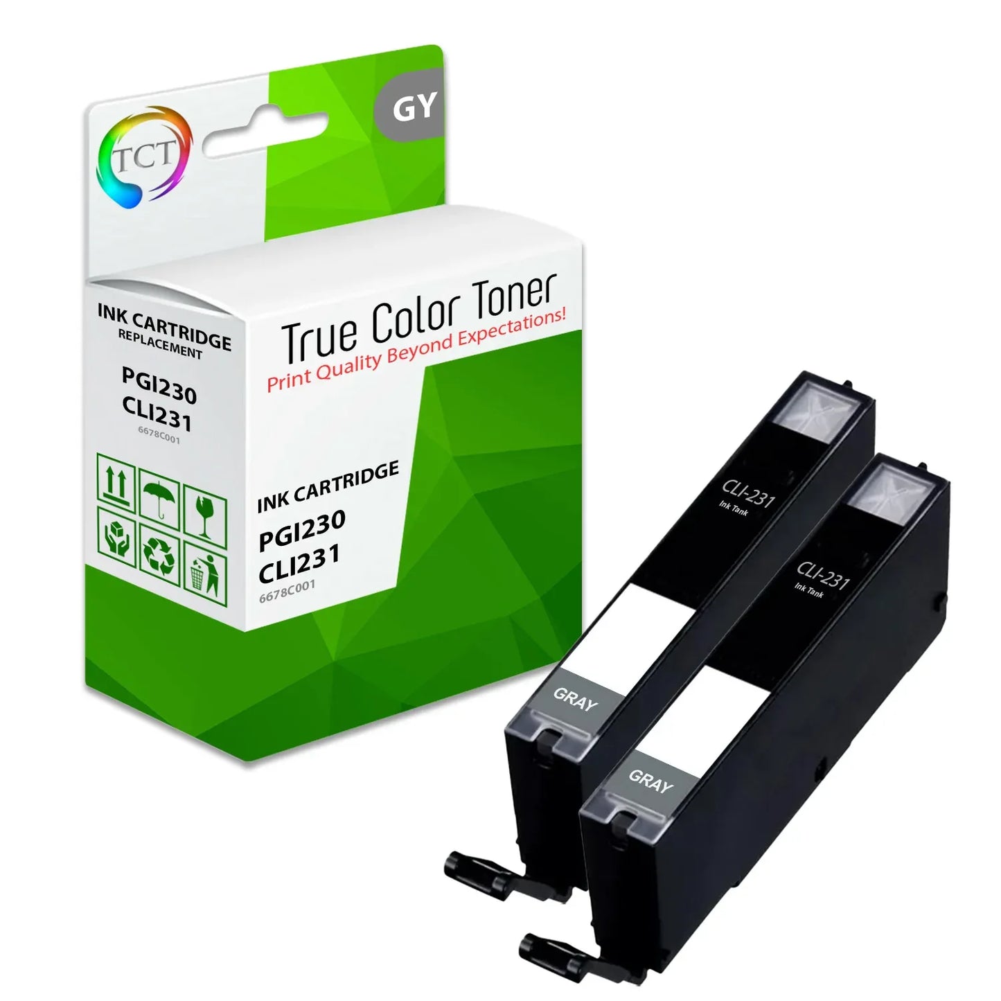TCT CLI-231 Ink Cartridge 2 Pack - Premium Compatible Replacement for Canon CLI231 CLI-231GY - True Color Toner