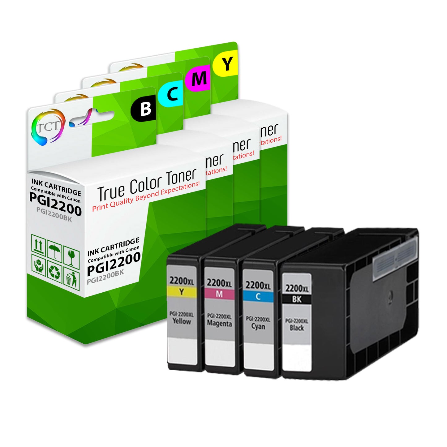 TCT Compatible Ink Cartridge Replacement for the Canon PGI-2200 Series - 4 Pack (B, C, M, Y)