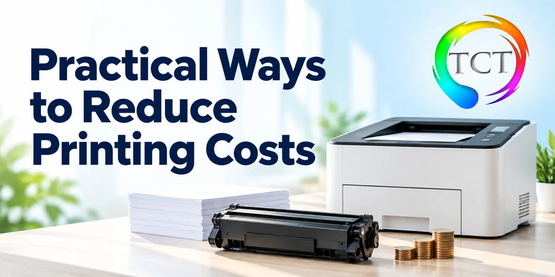 Practical ways to reduce printing costs, featuring a printer, toner cartridge, paper, coins.
