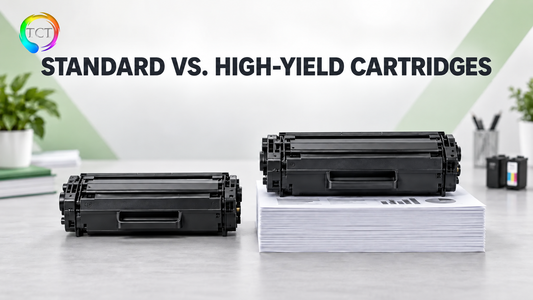 Standard and high-yield printer cartridges compared by capacity and printing needs