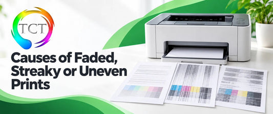 Causes of Faded, Streaky or Uneven Prints title beside a white printer and sample pages with faded, streaky colour prints