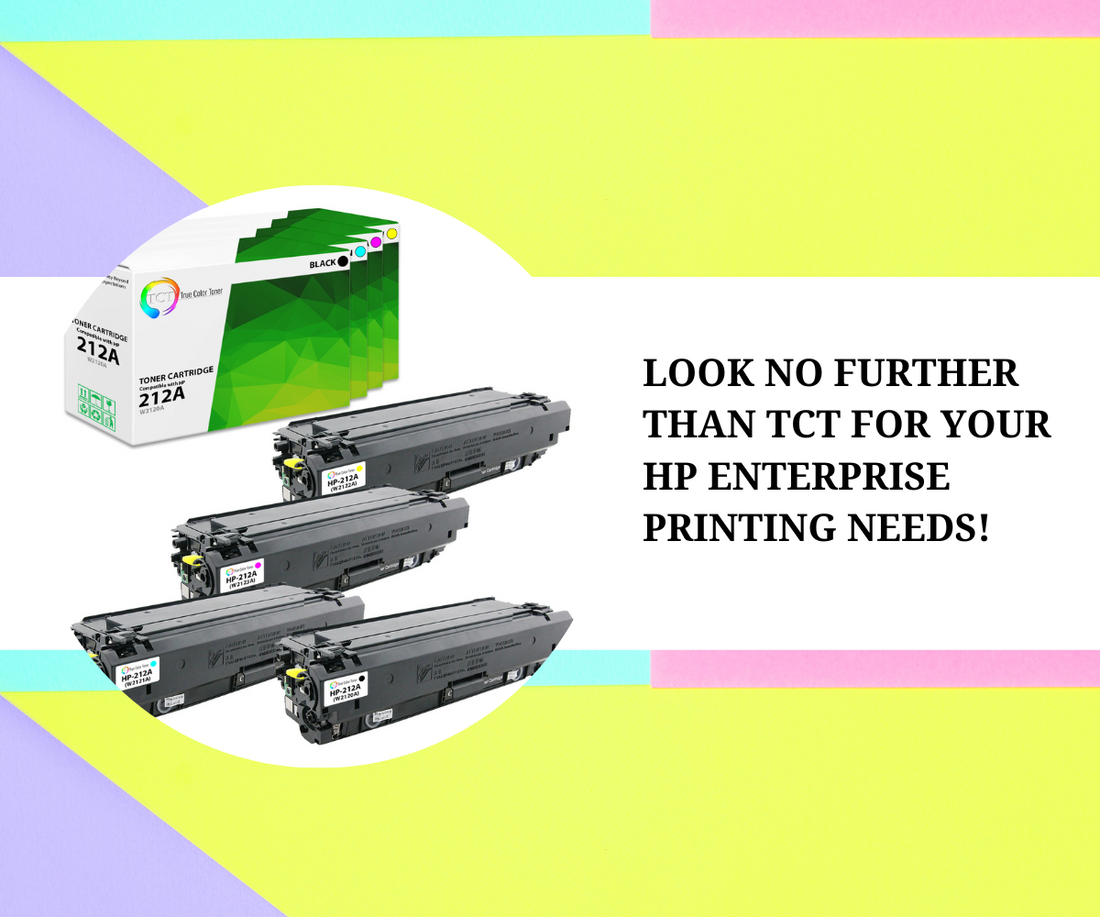 New Release: Compatible 212A/212X Cartridges for Your HP Color Laserjet Enterprise with a white and green toner box and four black cartridges