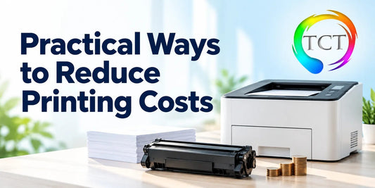Practical Ways to Reduce Printing Costs graphic with a white printer, black toner cartridge, paper stack, and coins