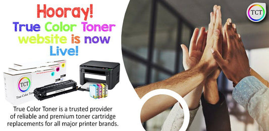 TCT Website is now Live! graphic with colorful toner-cartridge text, printer supplies and hands high-fiving