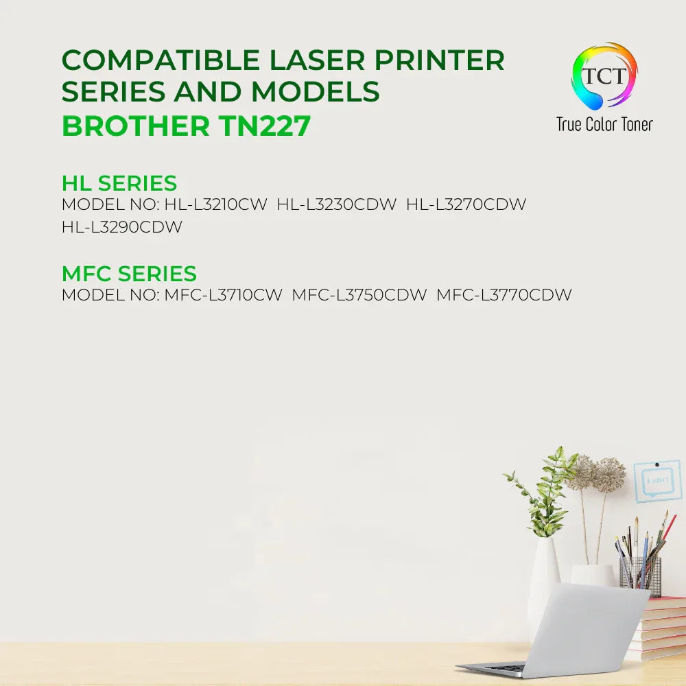TCT TN227 Black Toner Cartridge - Premium Compatible Replacement for Brother TN227 TN-227 TN227BK Black - True Color Toner