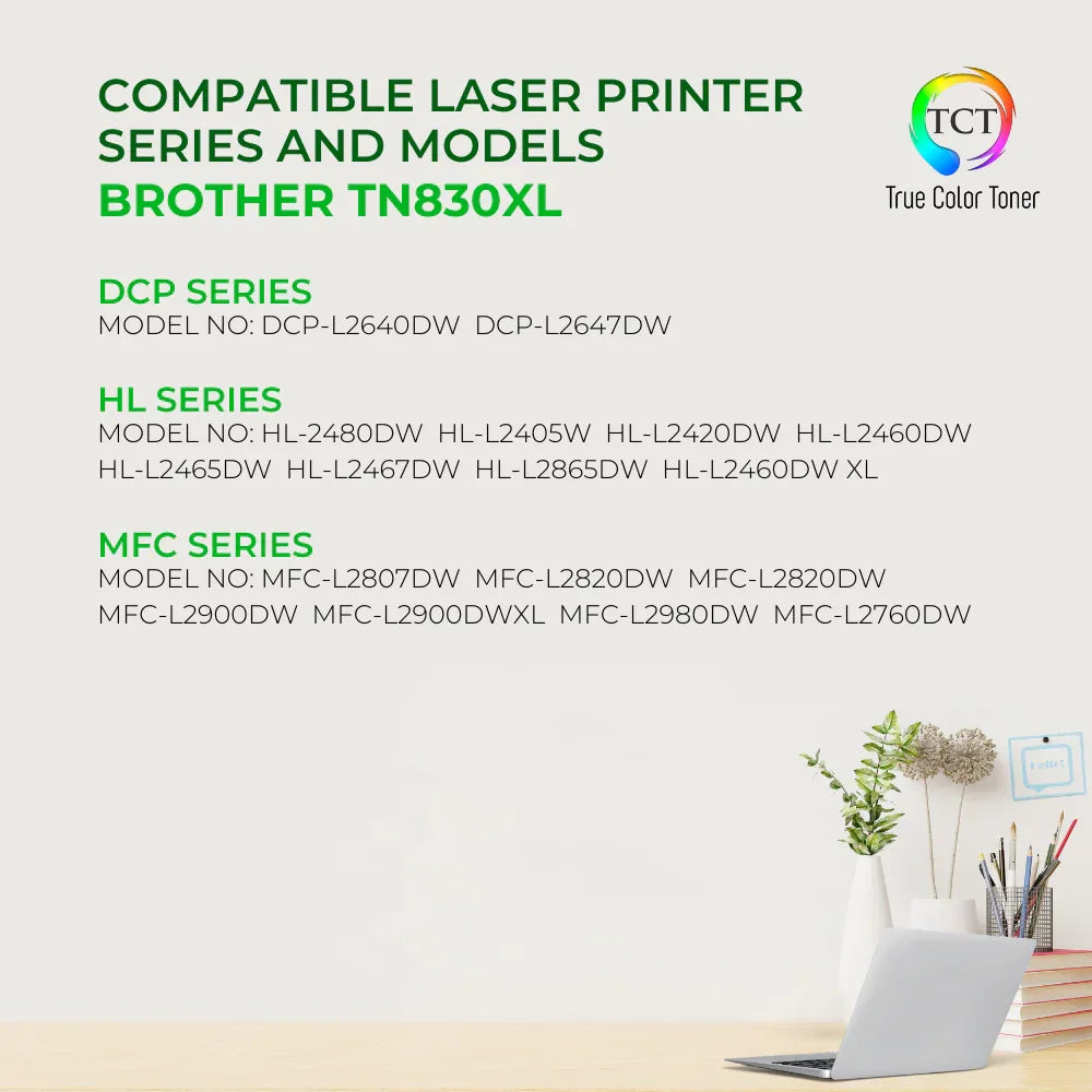 TCT TN830XL Toner Cartridge 2 Pack - Premium Compatible Replacement for Brother TN-830XL High Yield - True Color Toner
