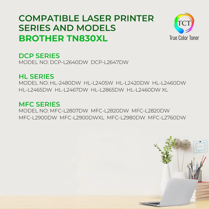 TCT TN830XL Toner Cartridge 2 Pack - Premium Compatible Replacement for Brother TN-830XL High Yield - True Color Toner