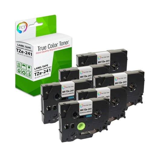 TCT 6Pk Compatible Brother TZe-241 works with Brother PT-1300 PT-1400 PT-1500 3/4 inch (18mm) x 26.2' (8m) Black on White
