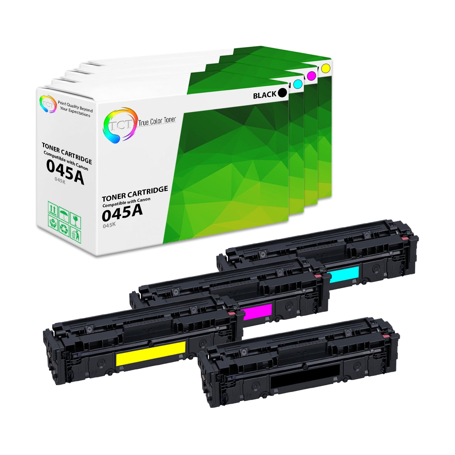TCT Compatible Toner Cartridge Replacement for the Canon 045 Series - 4 Pack (BK, C, M, Y)