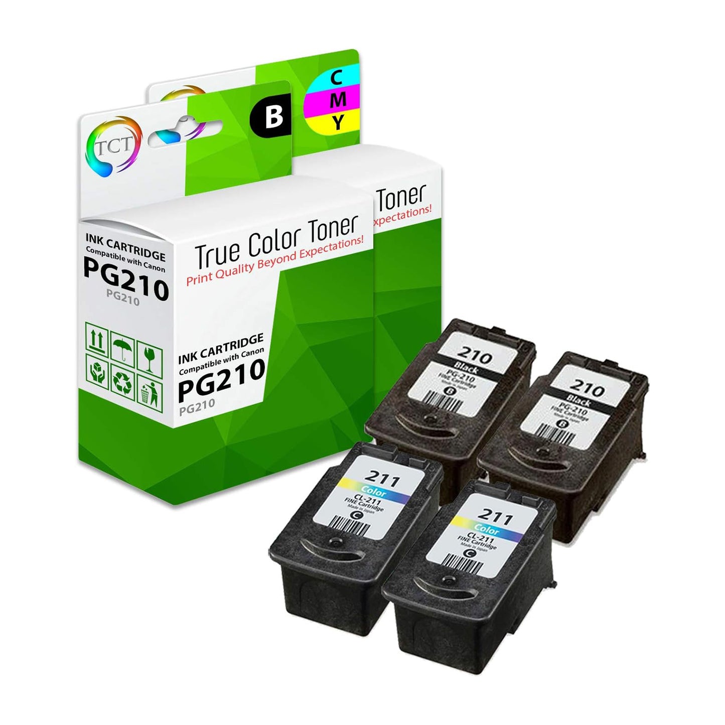 TCT Compatible Ink Cartridge Replacement for the Canon PG- 210 CL-211 Series - 4 Pack (BK, CL)