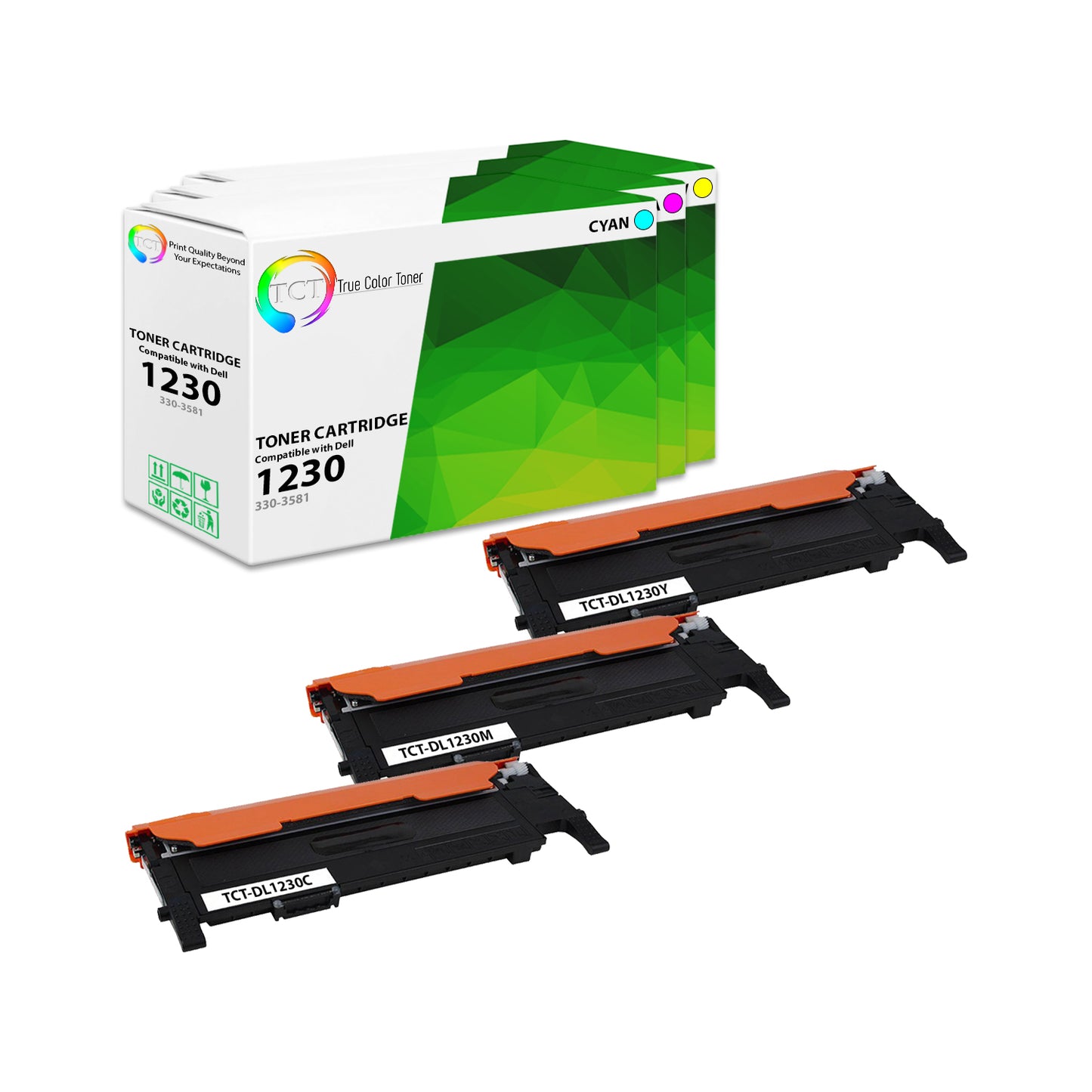 TCT Compatible Toner Cartridge Replacement for the Dell 1230 Series - 3 Pack (C, M, Y)