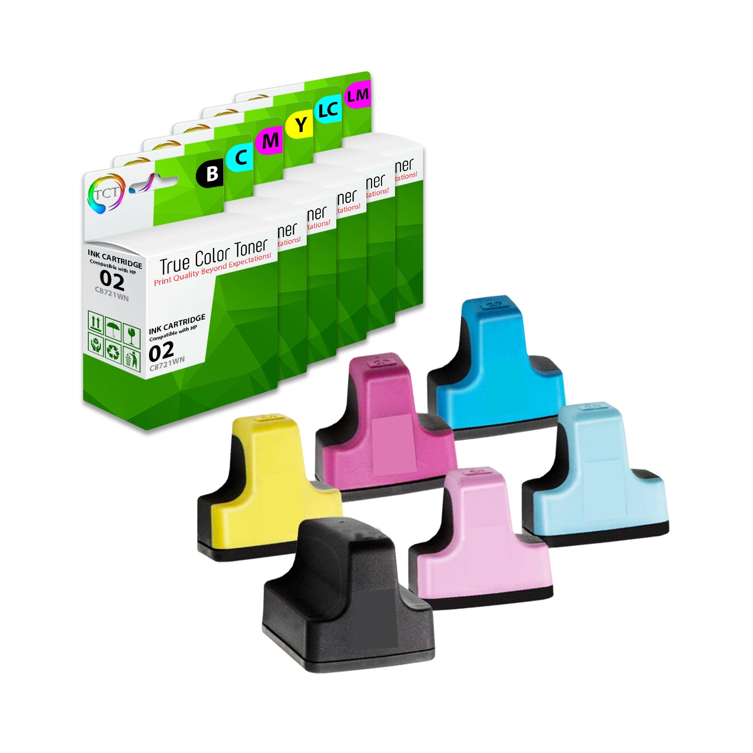 TCT Compatible Ink Cartridge Replacement for the HP 02 Series - 6 Pack (B, C, M, Y, LC, LM)