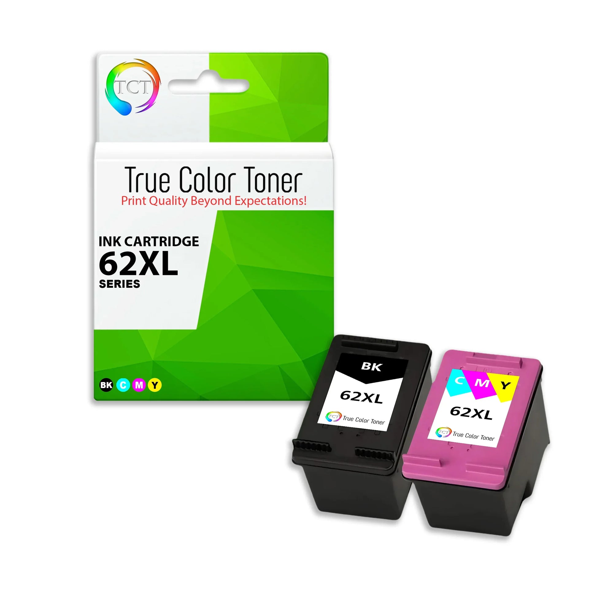TCT 62XL Ink Cartridge 2 Pack - Premium Compatible Replacement for HP 62XL 62XLBK 62XLCL High Yield - True Color Toner