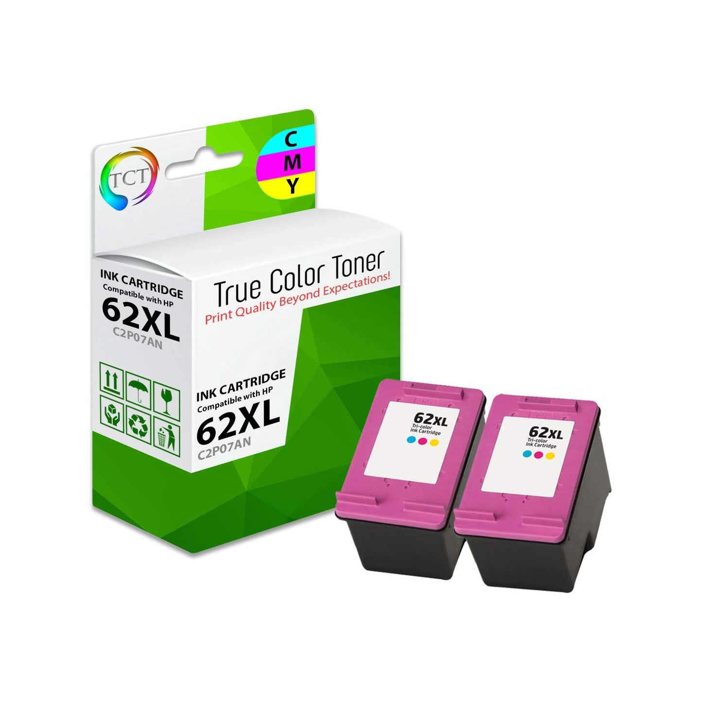 TCT Compatible Ink Cartridge Replacement for the HP 62XL Series - 2 Pack Color