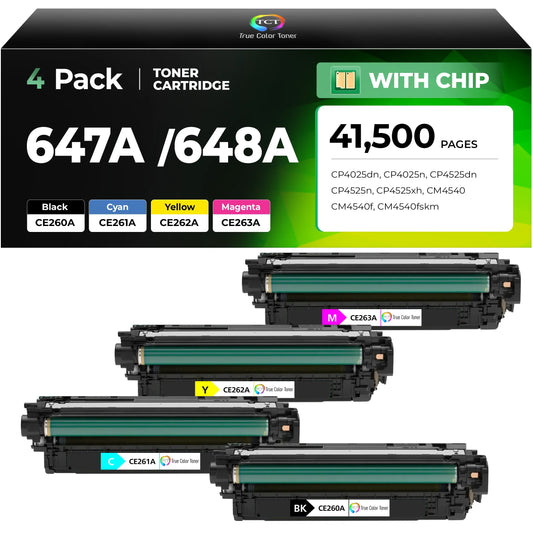 TCT 647A 648A Toner Cartridge 4 Pack - Premium Compatible Replacement for HP 647A 648A CE260A CE261A CE262A CE263A - True Color Toner