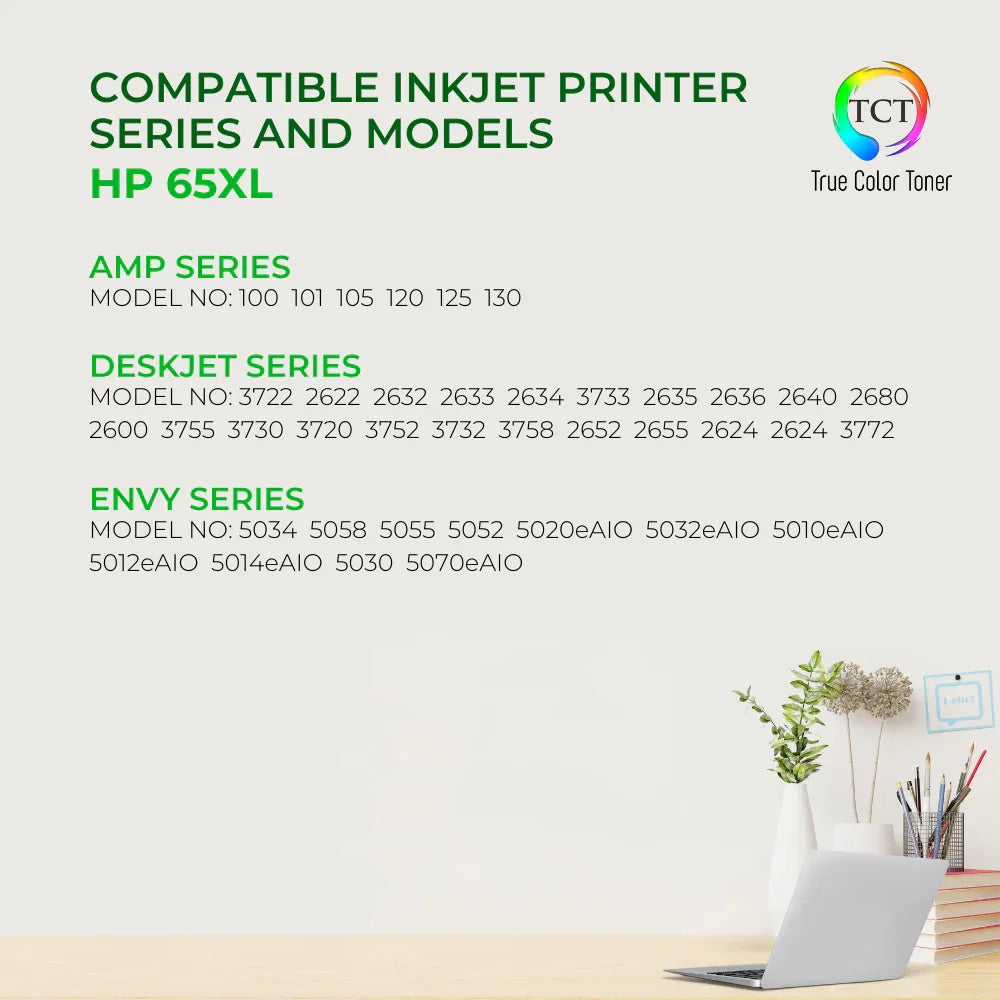 TCT 65XL Ink Cartridge 2 Pack - Premium Compatible Replacement for HP 65XL N9K04AN N9K03AN High Yield - True Color Toner
