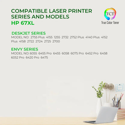 TCT 67XL Ink Cartridge 2 Pack - Premium Compatible Replacement for HP 67XL 3YM57AN 3YM58AN High Yield - True Color Toner