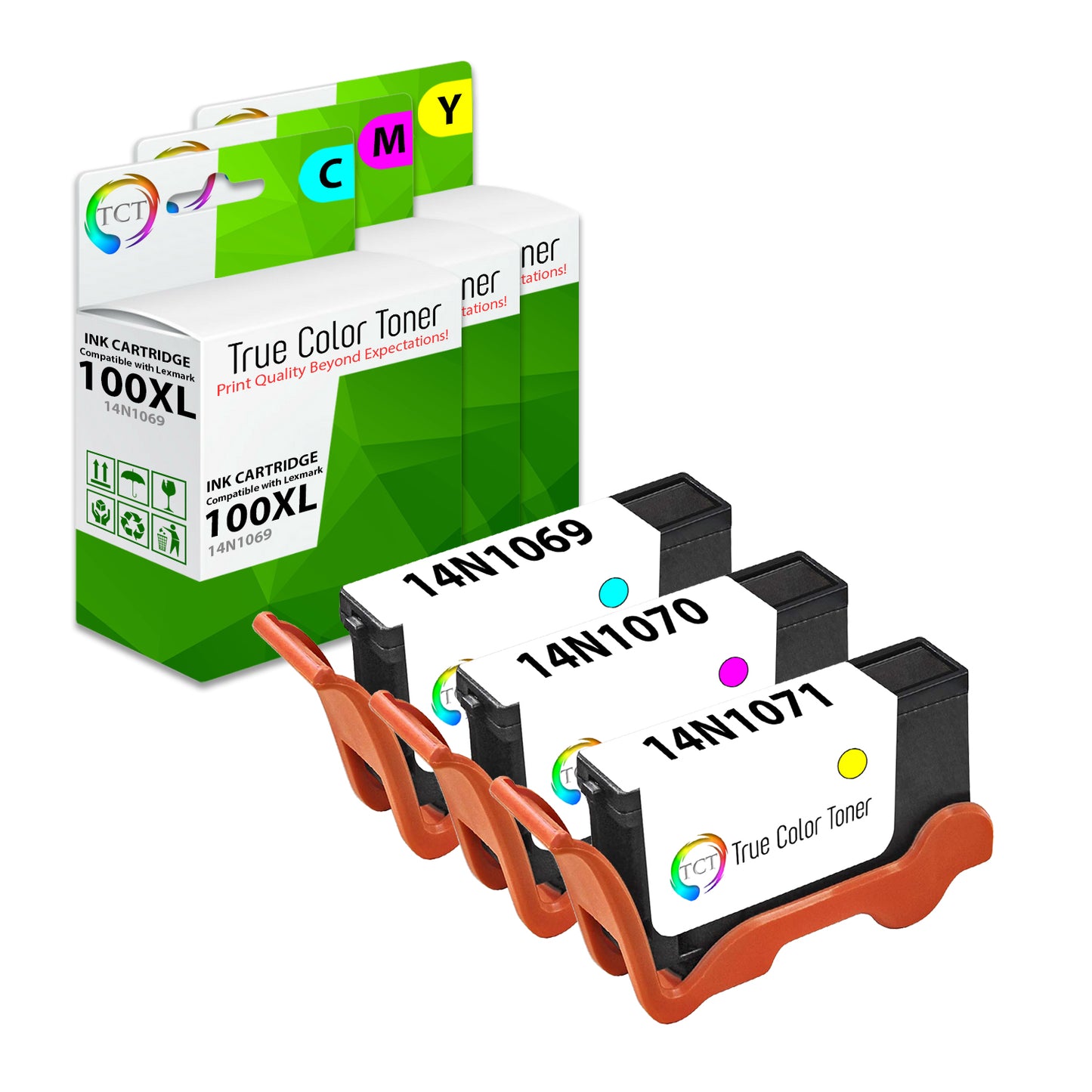 TCT Remanufactured High Yield Ink Cartridge Replacement for the Lexmark 100XL Series - 3 Pack (C, M, Y)