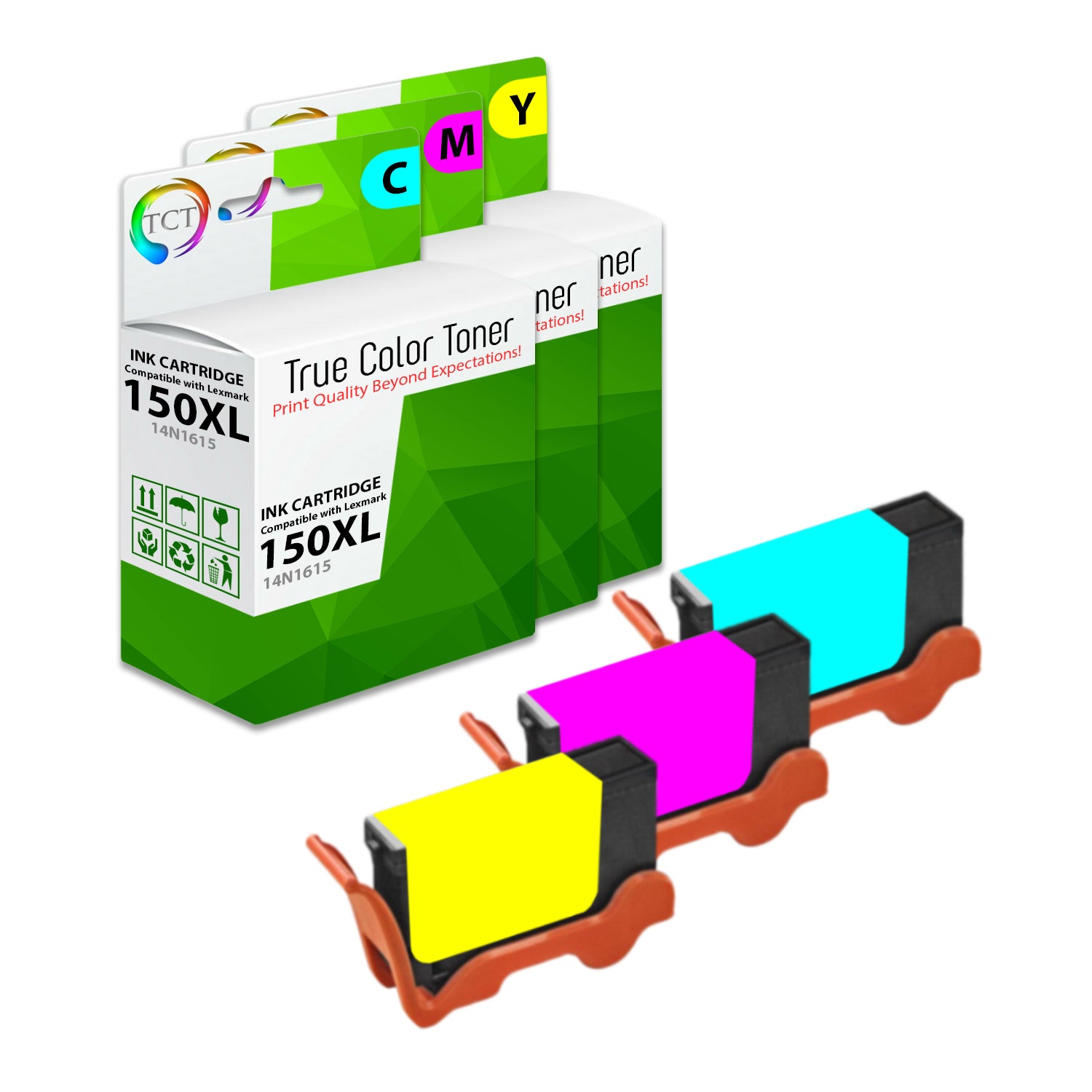 TCT Remanufactured High Yield Ink Cartridge Replacement for the Lexmark 150XL Series - 3PK (C, M, Y)