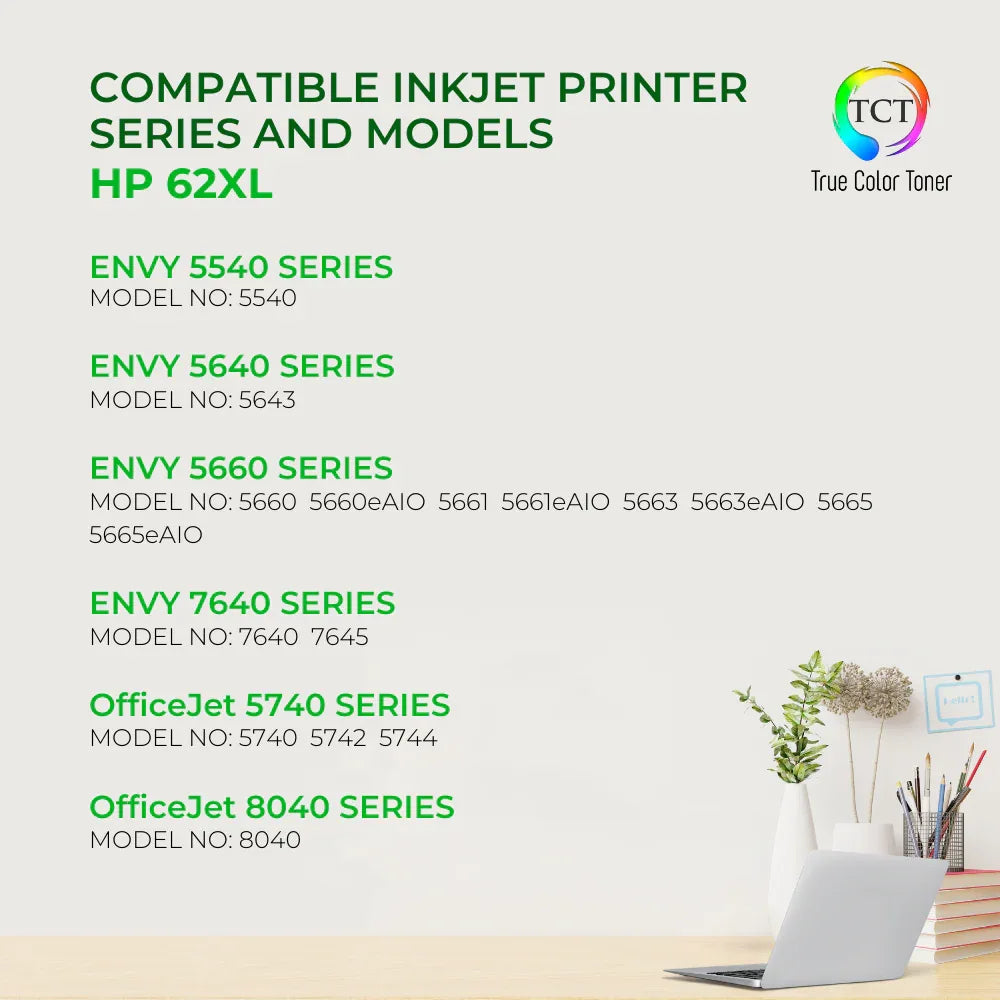 TCT 62XL Ink Cartridge 2 Pack - Premium Compatible Replacement for HP 62XL 62XLBK 62XLCL High Yield - True Color Toner