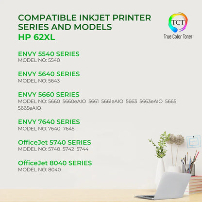 TCT 62XL Ink Cartridge 2 Pack - Premium Compatible Replacement for HP 62XL 62XLBK 62XLCL High Yield - True Color Toner